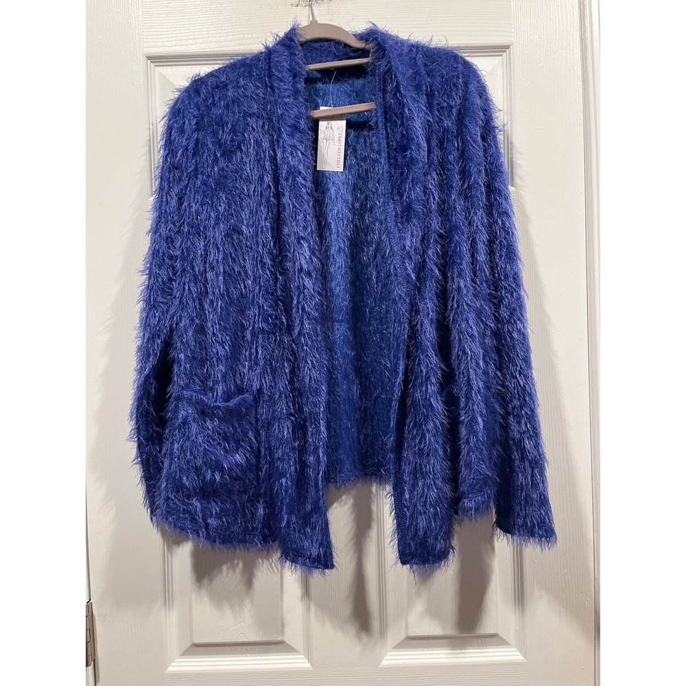 Colleen Lopez Royal Blue Eyelash Knit Open Front Fuzzy Cardigan Sweater Medium